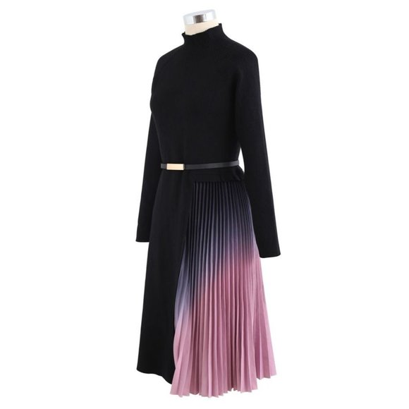 NWT GRADIENT PLEATED SPLICING BELTED KNIT DRESS IN BLACK - Picture 11 of 12